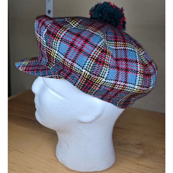 Vintage Tweed Newsboy Angus Young Highland Outfitters Cap 6 7/8 Plaid Snap Pom - Picture 2 of 8